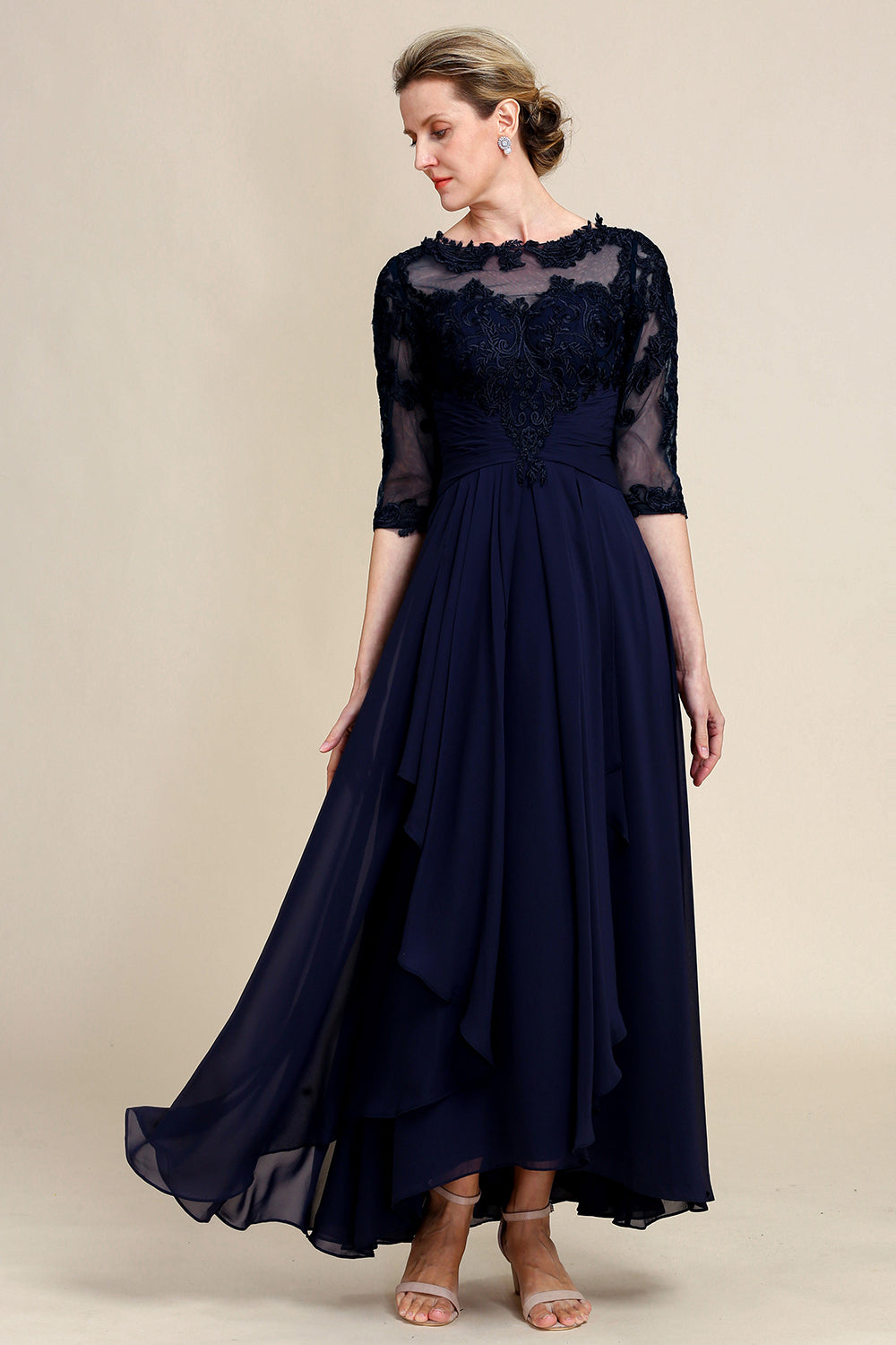 Asymmetrical Navy Mother of Bride Dress with Long Sleeves