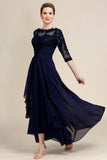 Asymmetrical Navy Mother of Bride Dress with Long Sleeves