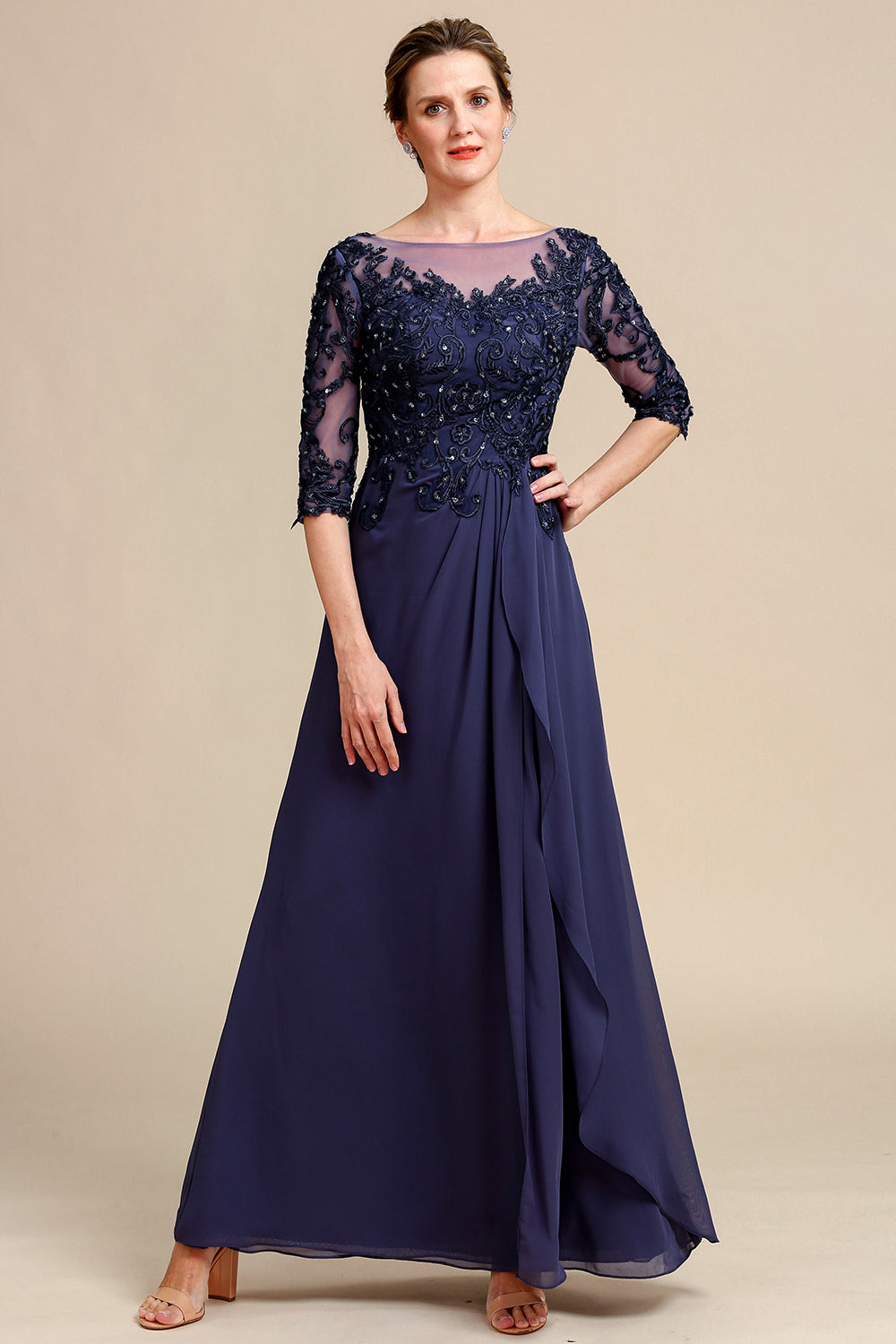 Long Sleeves Blue Mother of Bride Dress with Appliques