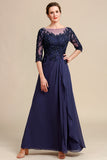 Long Sleeves Blue Mother of Bride Dress with Appliques