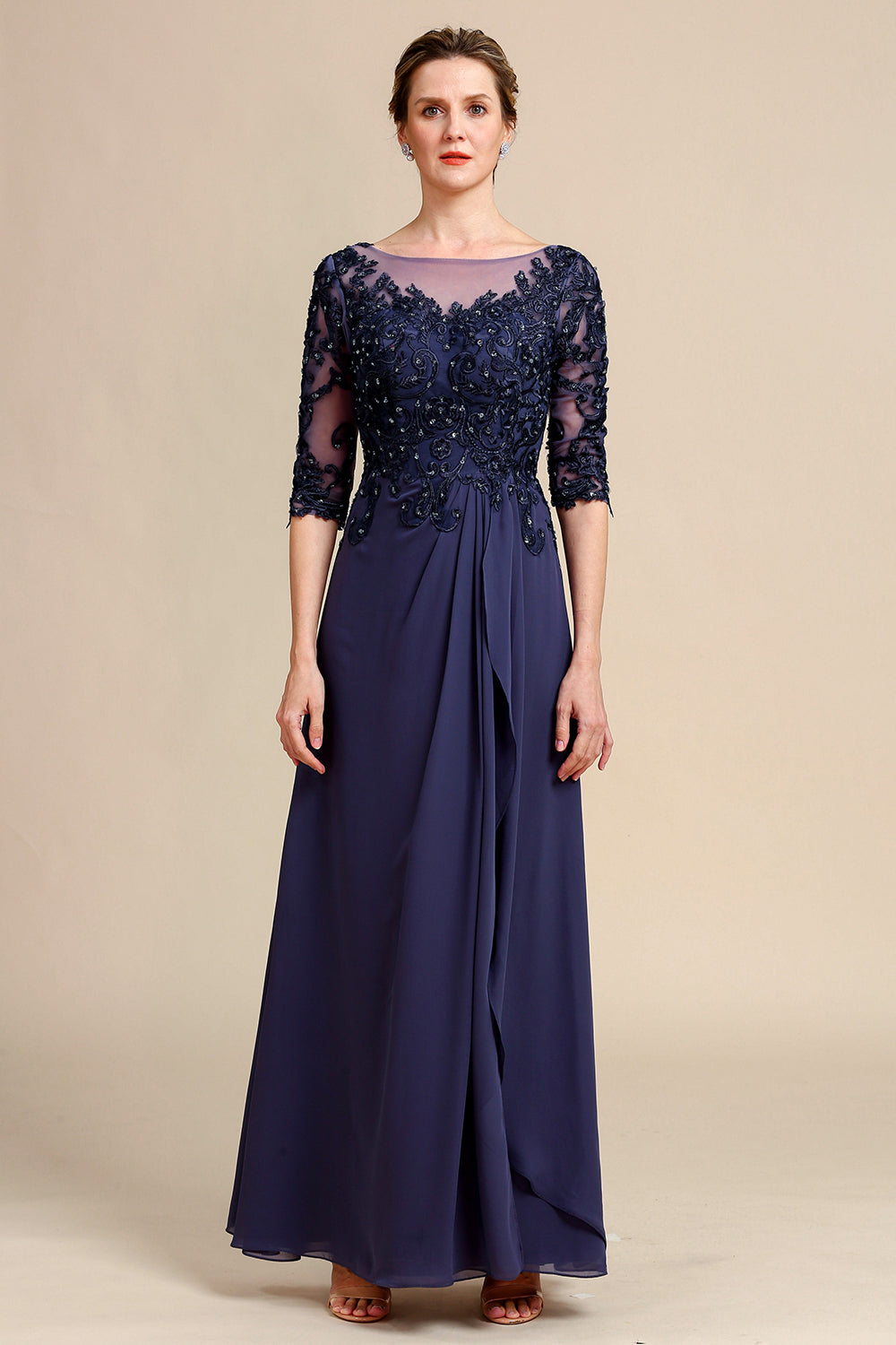Long Sleeves Blue Mother of Bride Dress with Appliques