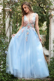 A Line Deep V Neck Light Blue Long Formal Dresses with Appliques