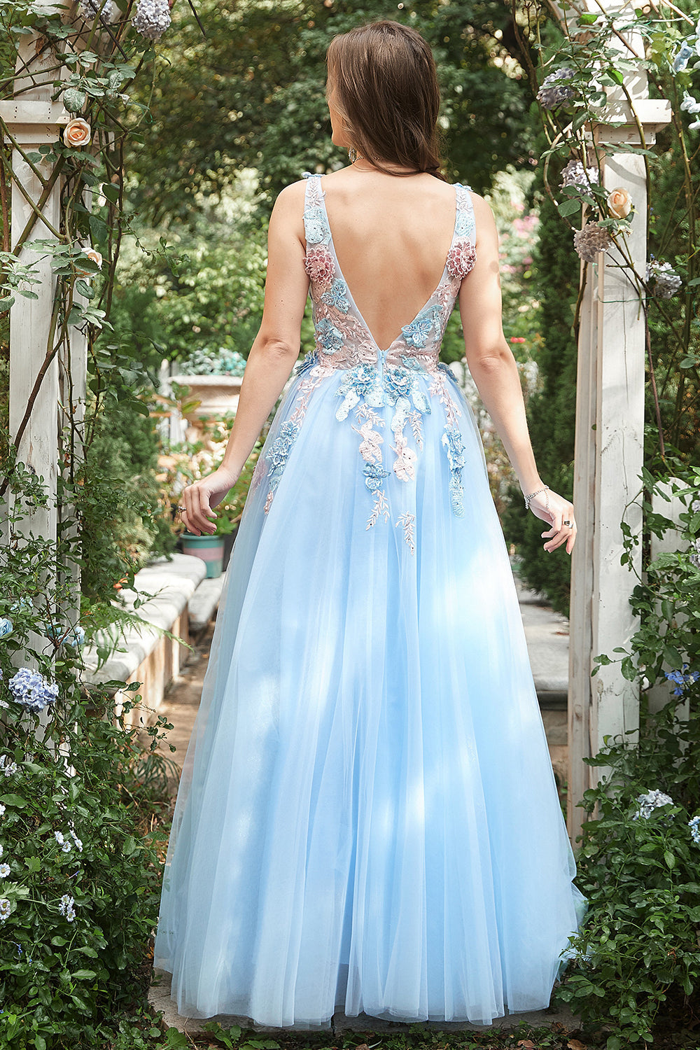A Line Deep V Neck Light Blue Long Formal Dresses with Appliques