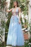 A Line Deep V Neck Light Blue Long Formal Dresses with Appliques