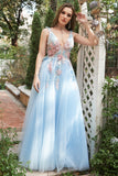 A Line Deep V Neck Light Blue Long Formal Dresses with Appliques