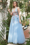 A Line Deep V Neck Light Blue Long Formal Dresses with Appliques