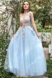 A Line Deep V Neck Light Blue Long Formal Dresses with Appliques