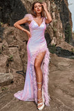Mermaid Sweetheart Purple Sequins Long Formal Dress with Feather