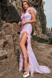 Mermaid Sweetheart Purple Sequins Long Formal Dress with Feather