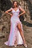 Mermaid Sweetheart Purple Sequins Long Formal Dress with Feather