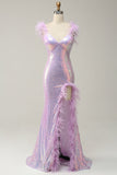 Mermaid Sweetheart Purple Sequins Long Formal Dress with Feather