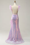 Mermaid Sweetheart Purple Sequins Long Formal Dress with Feather