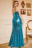 Blue Sequin One Shoulder Sparkly Plus Size Formal Dress with Slit