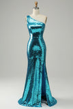 Sparkly Blue Sequins One Shoulder Long Formal Dress with Slit