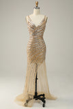 Sparkly Sheath V Neck Golden Sequins Long Formal Dress with Open Back