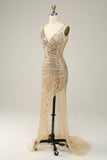 Sparkly Sheath V Neck Golden Sequins Long Formal Dress with Open Back