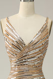 Sparkly Sheath V Neck Golden Sequins Long Formal Dress with Open Back