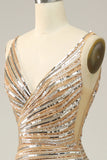 Sparkly Sheath V Neck Golden Sequins Long Formal Dress with Open Back