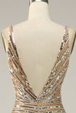 Sparkly Sheath V Neck Golden Sequins Long Formal Dress with Open Back