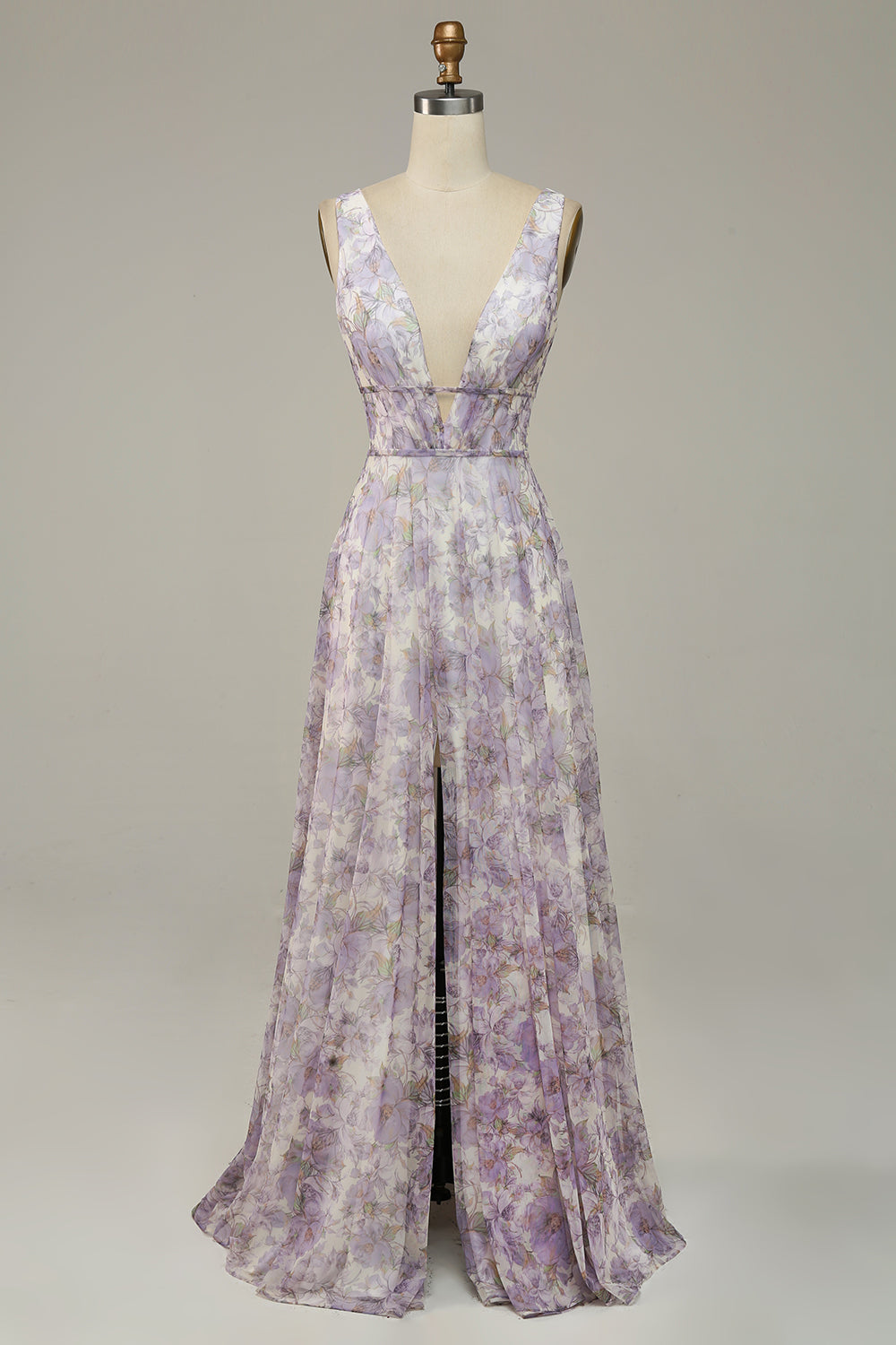 Ivory Purple Printed V-Neck Formal Dress With Slit