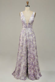 Ivory Purple Printed V-Neck Formal Dress With Slit