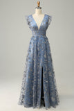 A Line Deep V Neck Grey Blue Plus Size Formal Dress with Embroidery