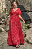 A Line V Neck Red Lace Plus Size Formal Dress with Split Front
