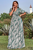 A Line V Neck Green Floral Printed Velvet Plus Size Formal Dress with Short Sleeves
