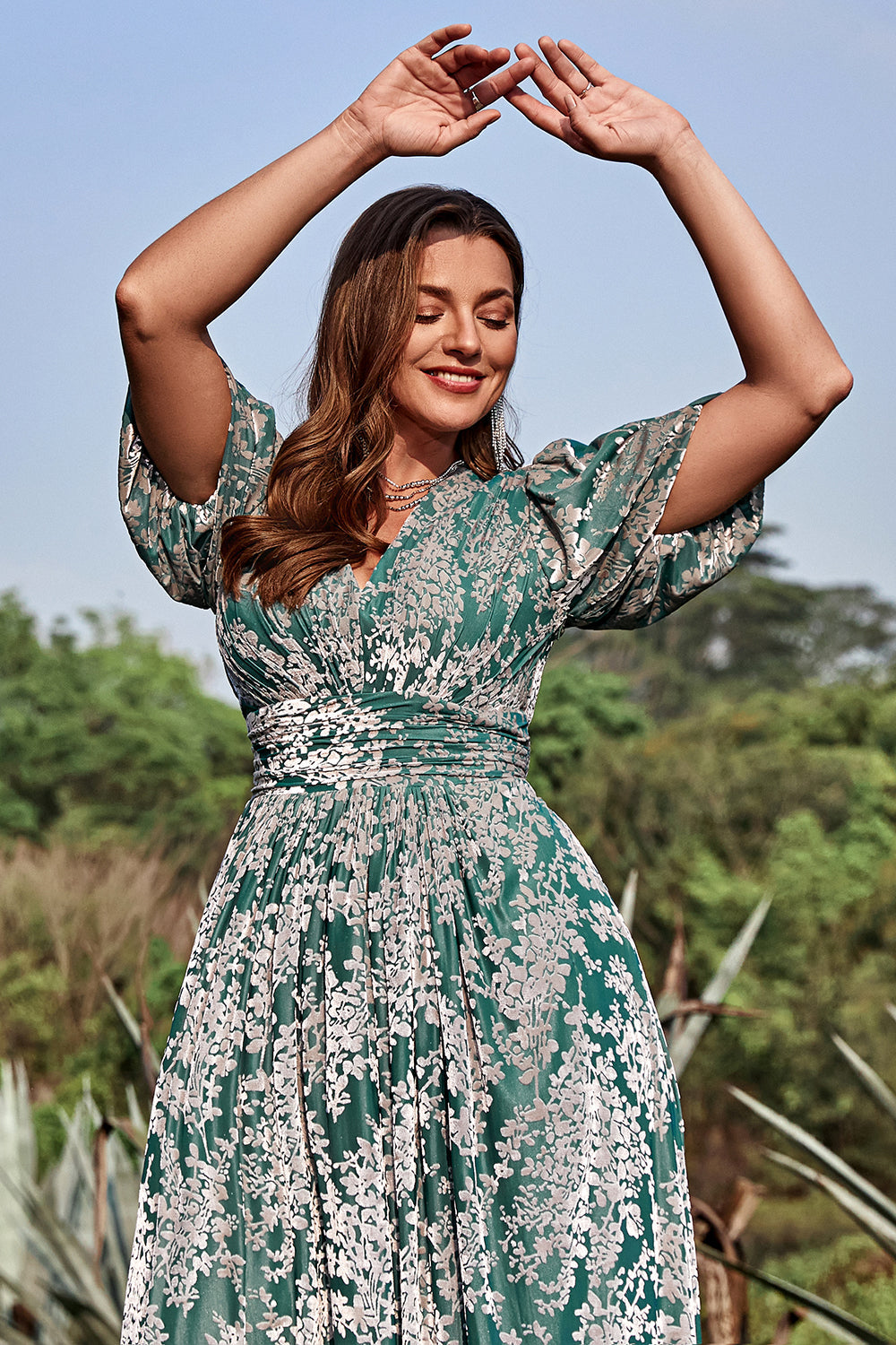 A Line V Neck Green Floral Printed Velvet Plus Size Formal Dress with Short Sleeves