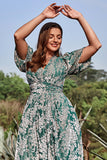 A Line V Neck Green Floral Printed Velvet Plus Size Formal Dress with Short Sleeves