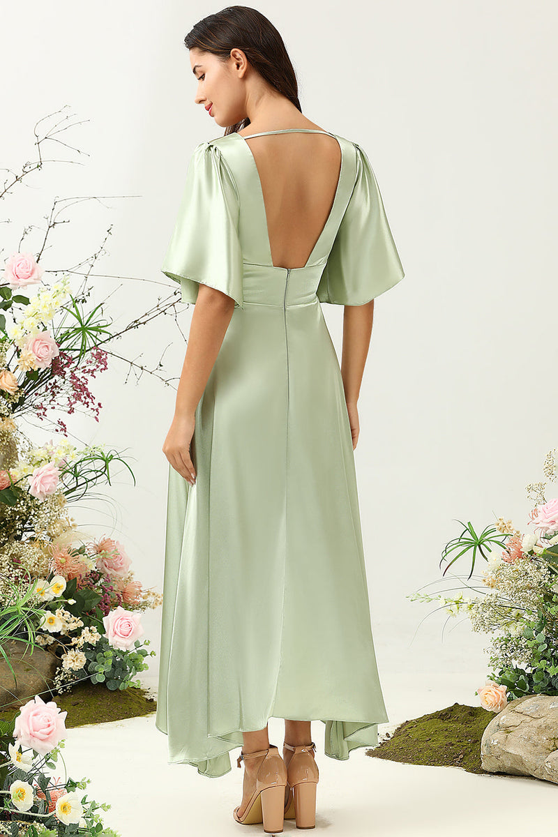 Zapaka Women Light Green Wedding Guest Dress A Line Deep V Neck