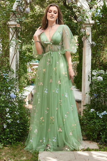 A-Line V-Neck Embroidery Green Long Formal Dress with Short Sleeves