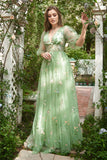 A-Line V-Neck Embroidery Green Long Formal Dress with Short Sleeves