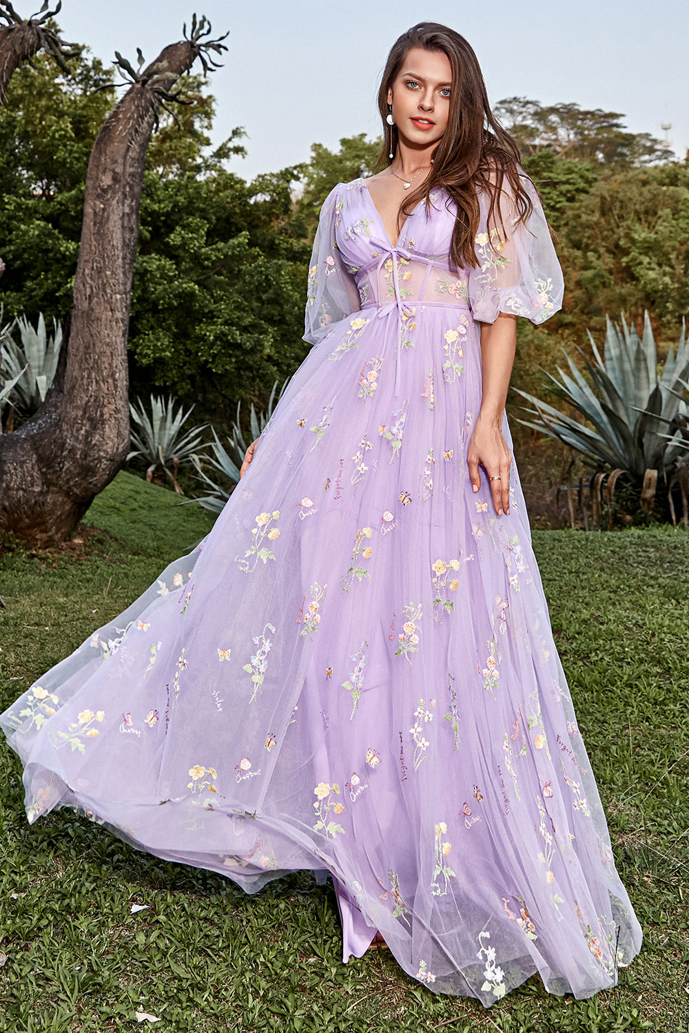 A-Line V-Neck Embroidery Lavender Long Formal Dress with Short Sleeves