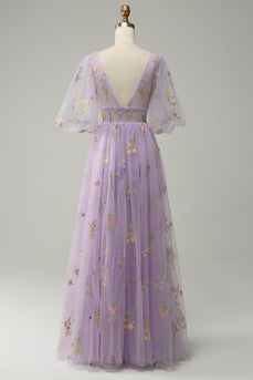 A-Line V-Neck Embroidery Lavender Long Formal Dress with Short Sleeves