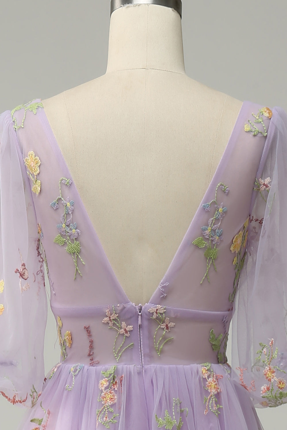 A-Line V-Neck Embroidery Lavender Long Formal Dress with Short Sleeves