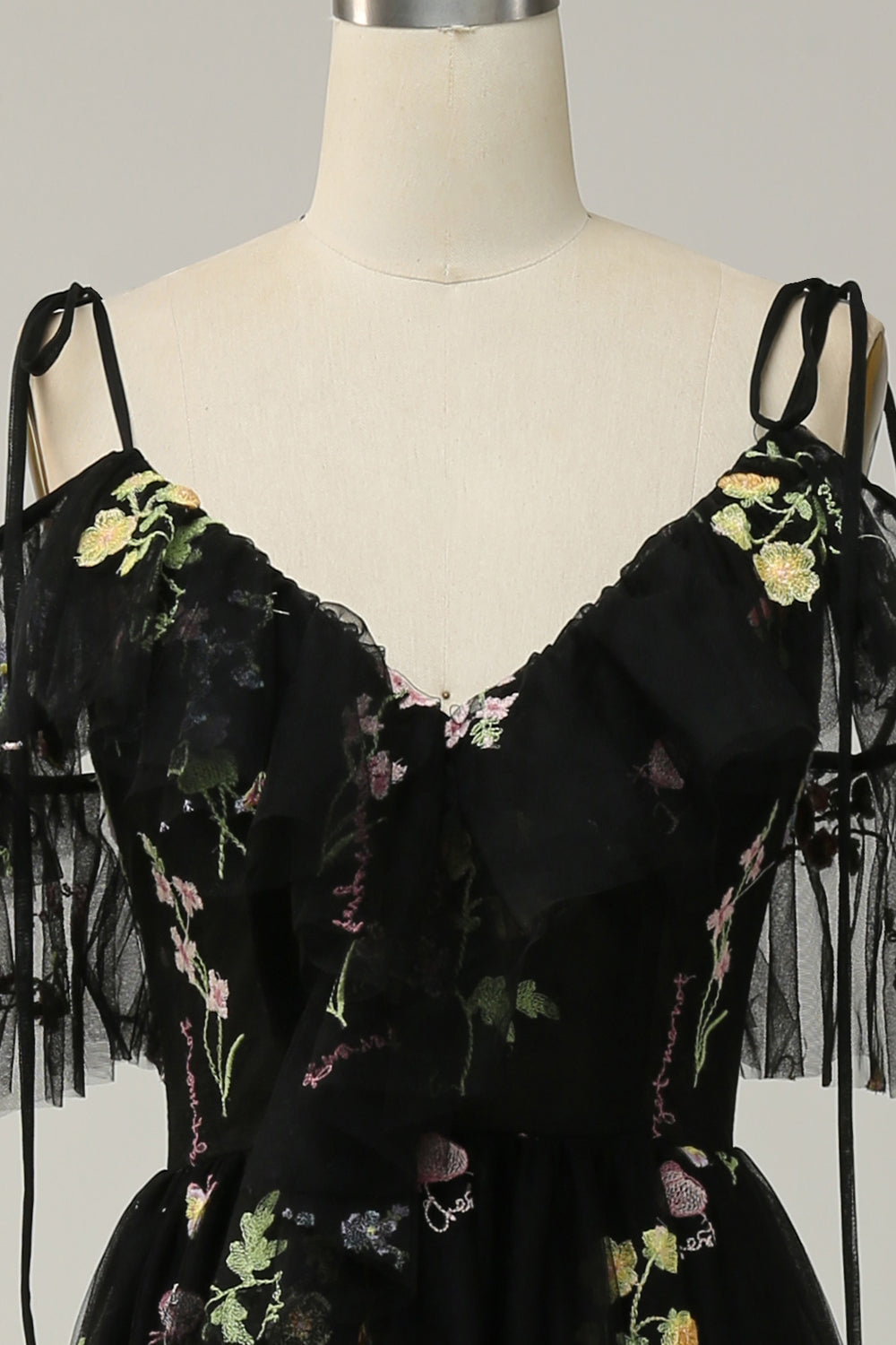 A-Line V-Neck Spaghetti Straps Embroidery Lavender Long Formal Dress with Slit