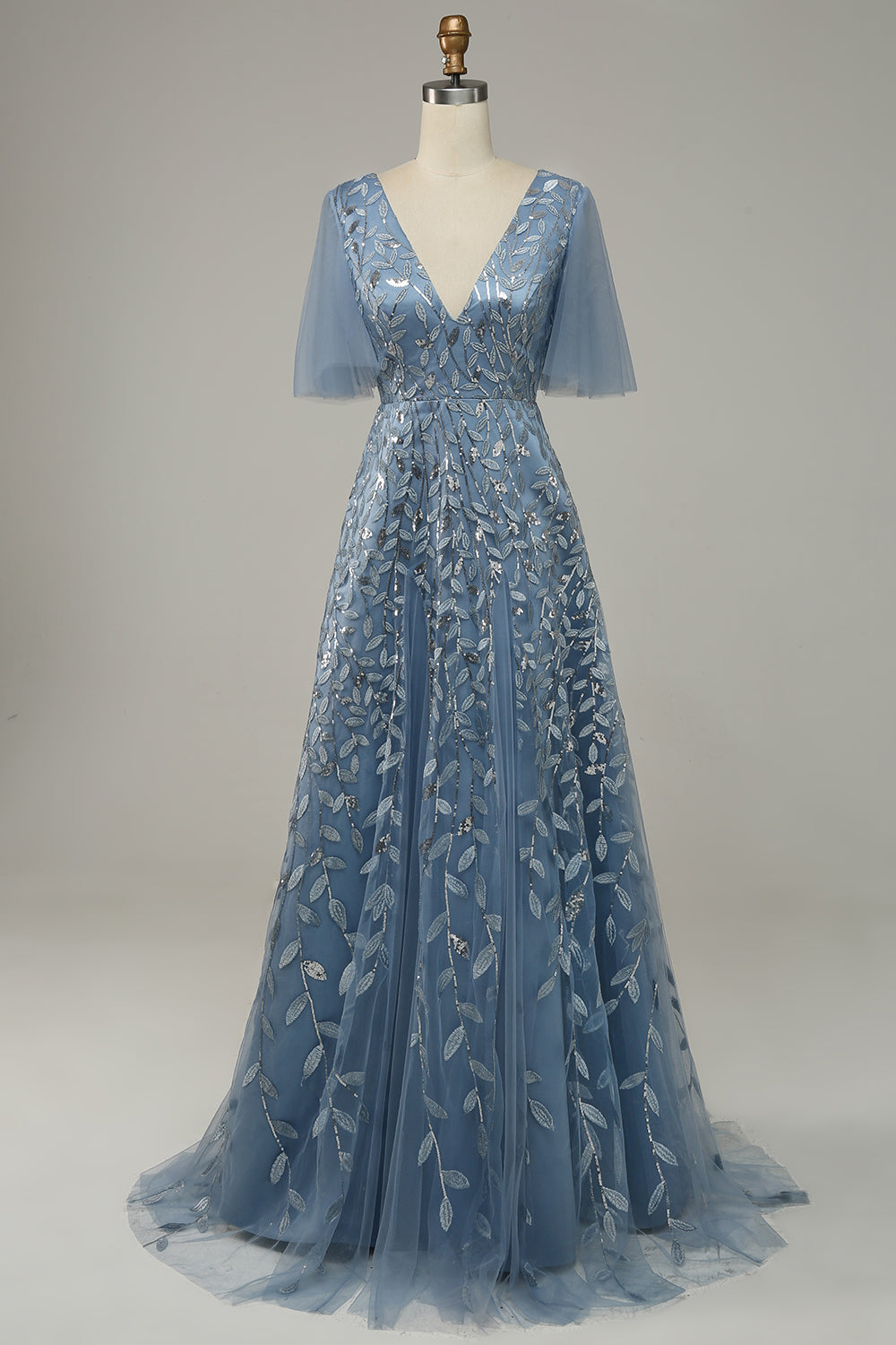 Grey Blue Tulle Embroidered Leaves Formal Dress