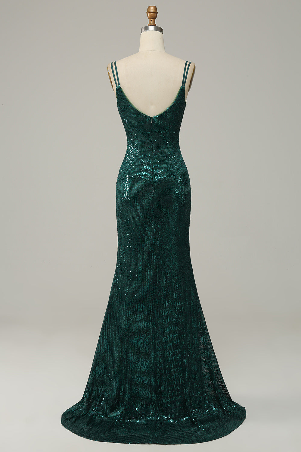 Dark Green Sequined Spaghetti Straps Formal Dress With Slit