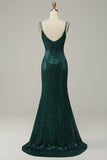 Dark Green Sequined Spaghetti Straps Formal Dress With Slit
