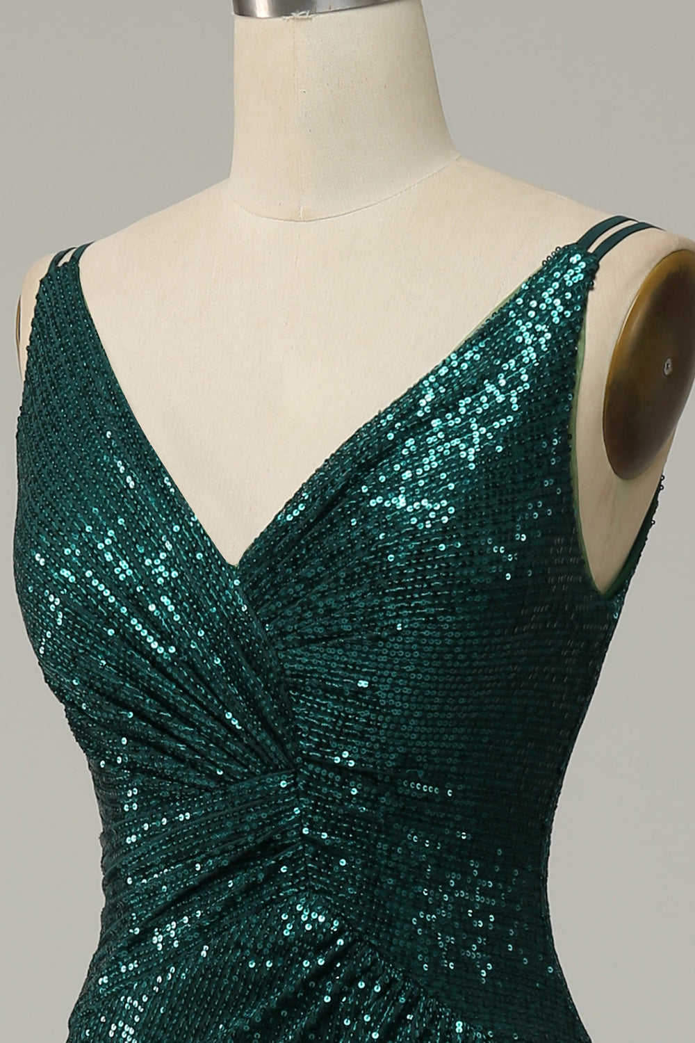 Dark Green Sequined Spaghetti Straps Formal Dress With Slit