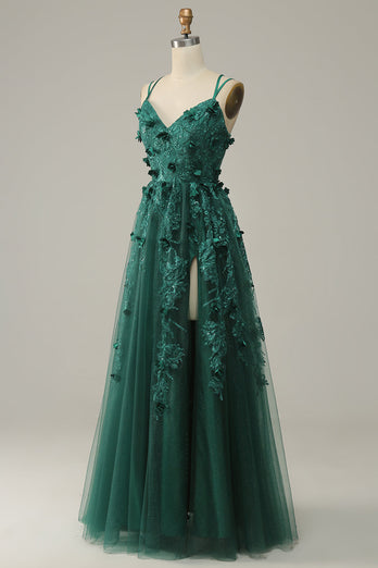 Dark Green A Line Tulle Formal Dress with Slit