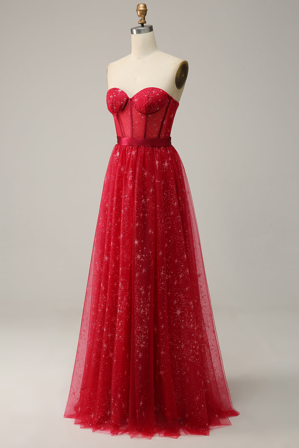 Red Strapless Tulle Corset Formal Dress
