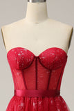 Red Strapless Tulle Corset Formal Dress