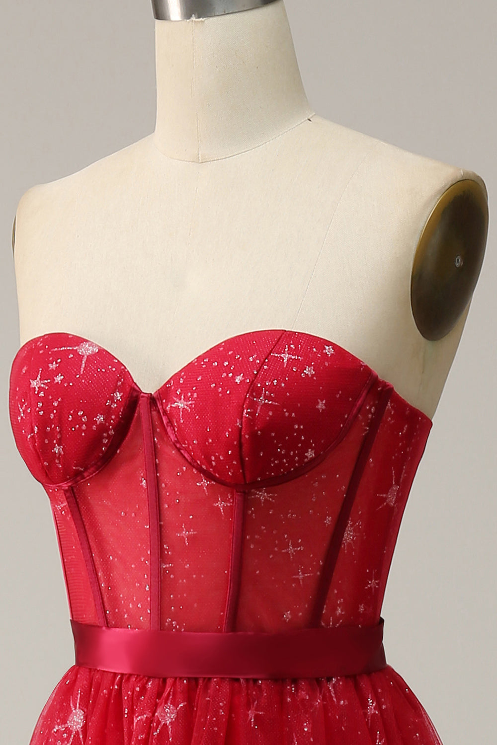 Red Strapless Tulle Corset Formal Dress