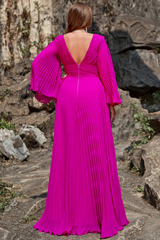 A Line Deep V Neck Dark Fuchsia Plus Size Formal Dress with Long Sleeves