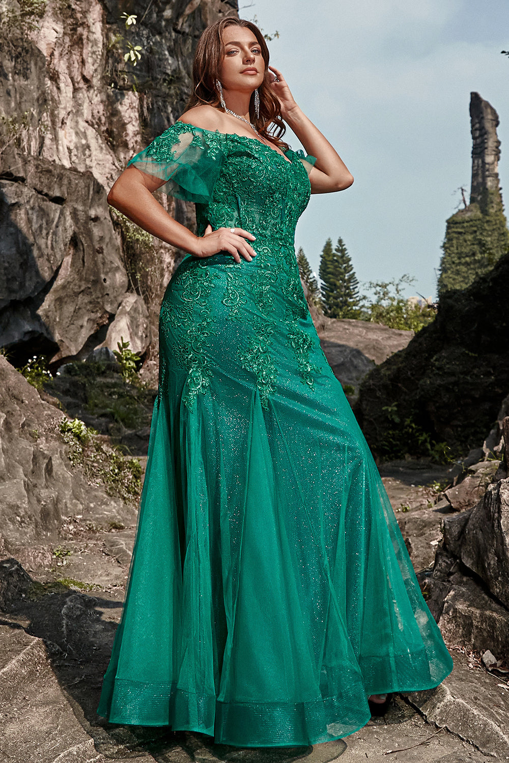 Mermaid Off the Shoulder Dark Green Plus Size Formal Dress with Appliques