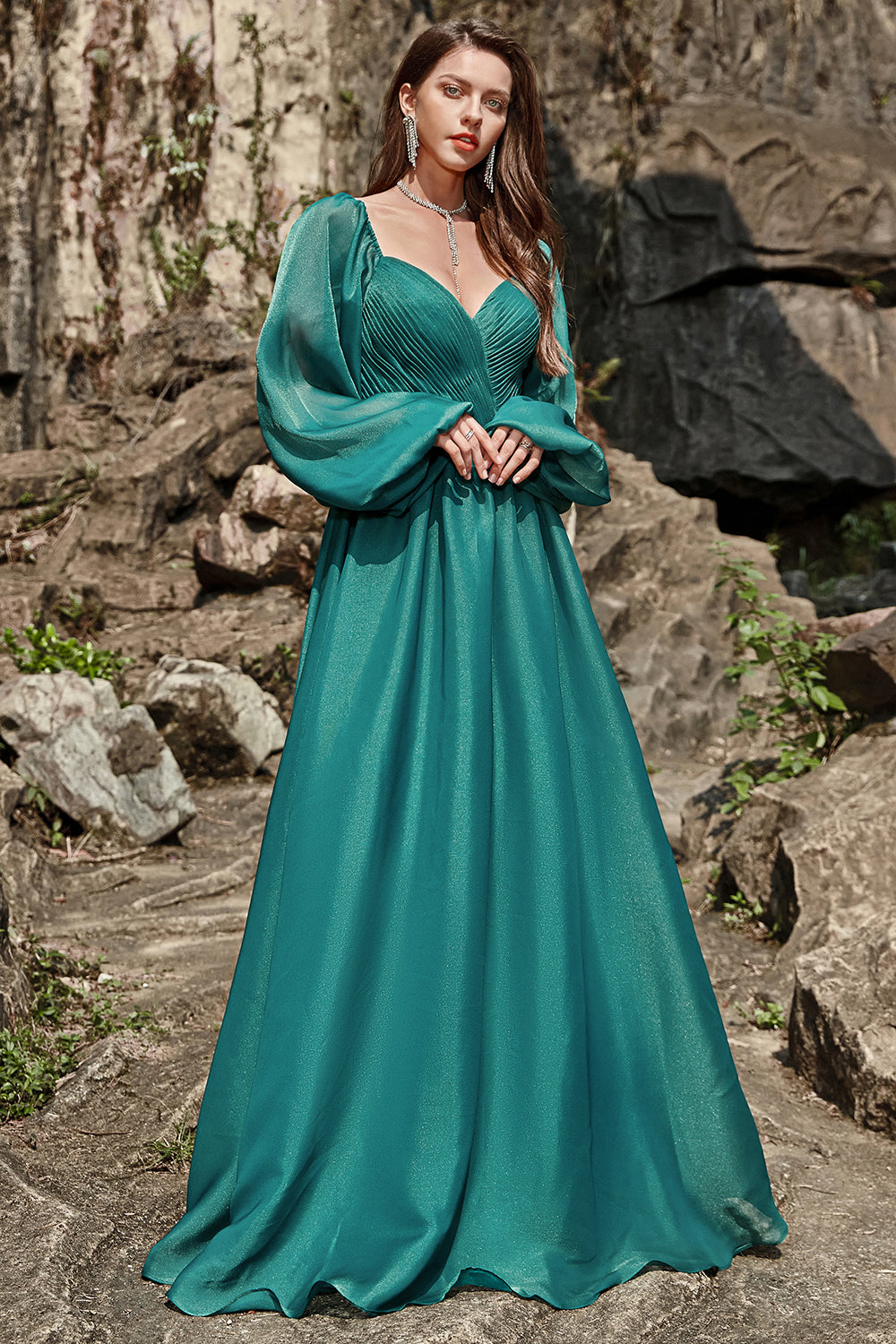 A Line Sweetheart Dark Green Long Formal Dress with Long Sleeves