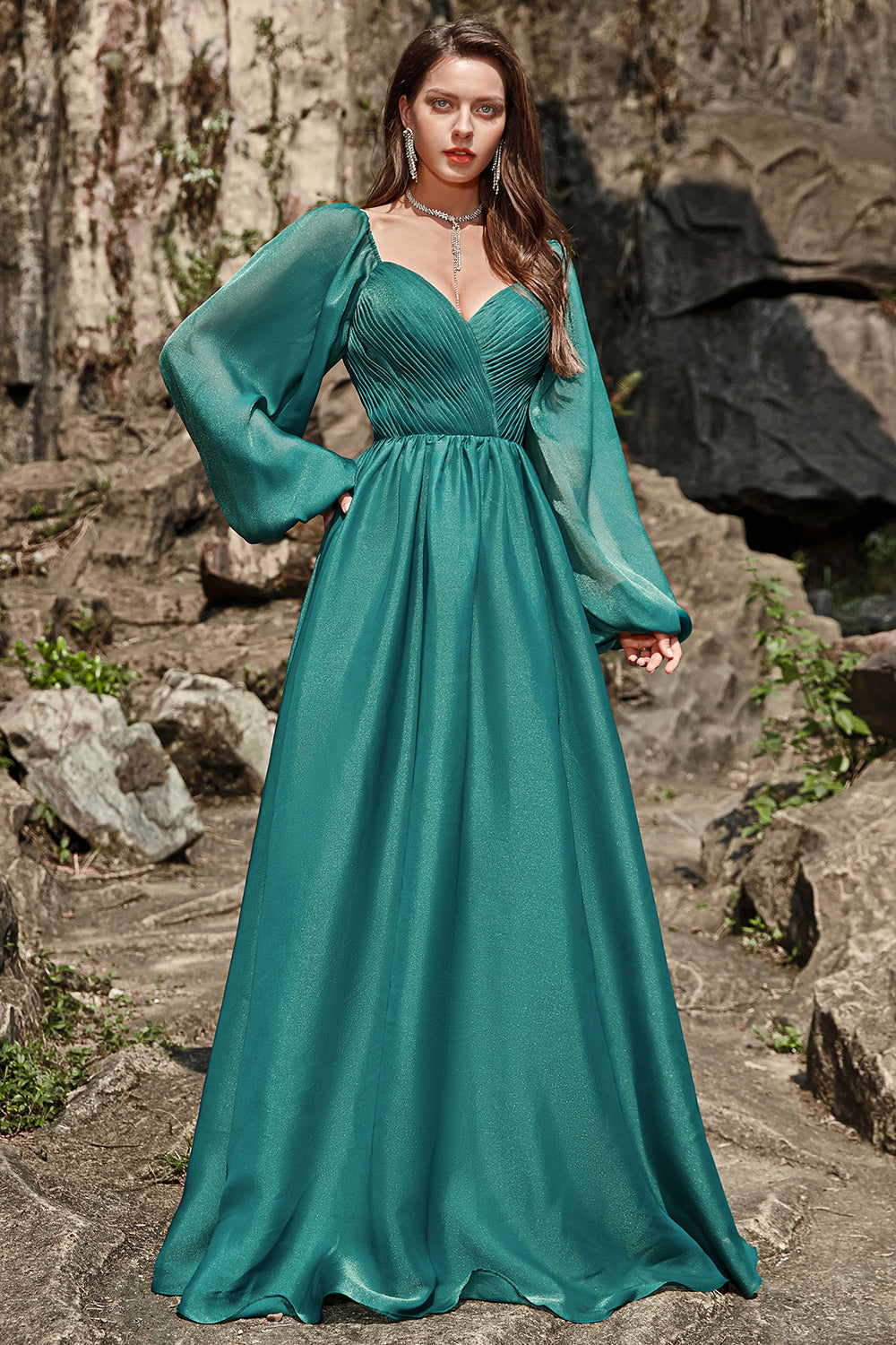 A Line Sweetheart Dark Green Long Formal Dress with Long Sleeves