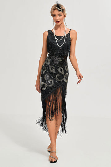 Zapaka Women Sparkly Black High-Low Gatsby Fringed Flapper Dress Sequins Spaghetti Straps Roaring 1920s Dress for Party